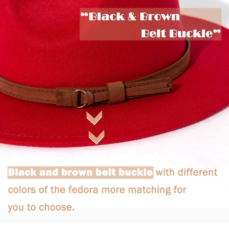 Lisianthus Men & Women Vintage Wide Brim Fedora Hat with Belt Buckle A-Red 59-60cm - Image 3